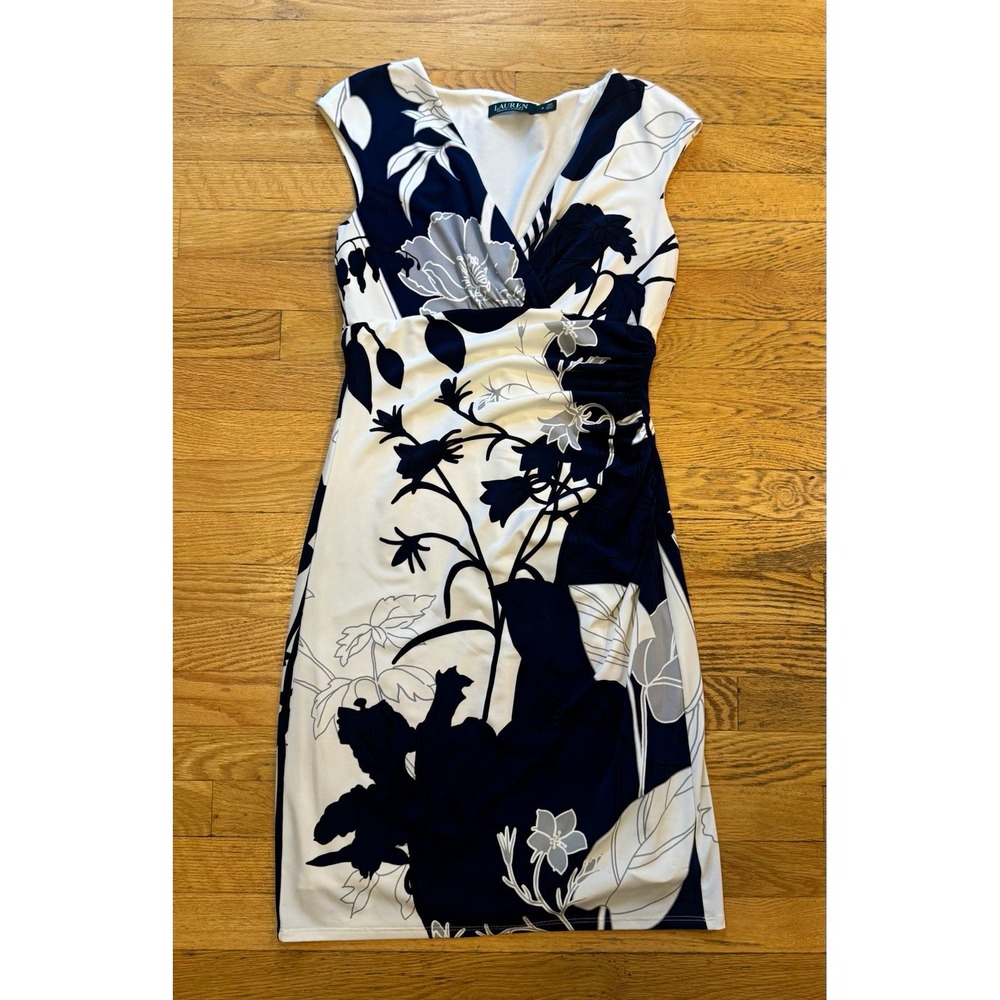 Lauren Ralph Lauren Blue White Floral V-Neck Ruched Jersey Midi Dress Size 4